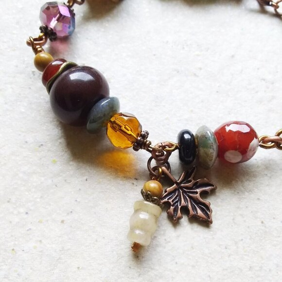 North Country Bracelet w. Maple Leaf Charm ~ Semi-Precious Beads + Copper - Picture 2 of 6